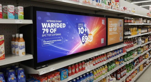 Bar-type LCD screen on supermarket shelf edge showing animated beverage promotion next to product